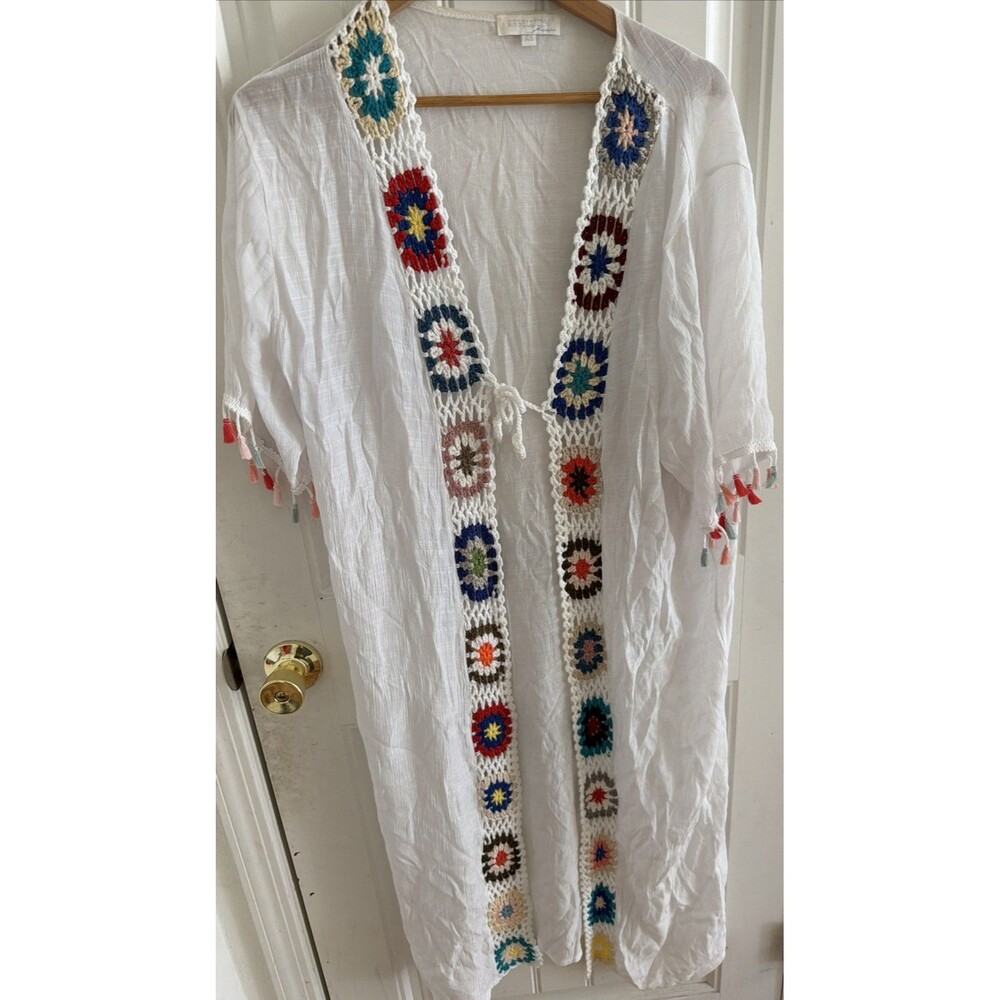 Women’s Open Front Crochet Kimono Cover Up XS White Cruise